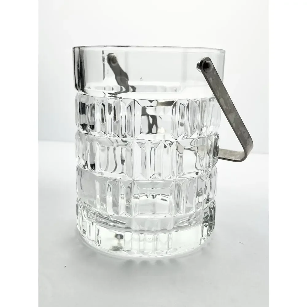 1980s Vintage Geometric Square Grid Plaid French Glass Ice Bucket 5 1/4” Barware